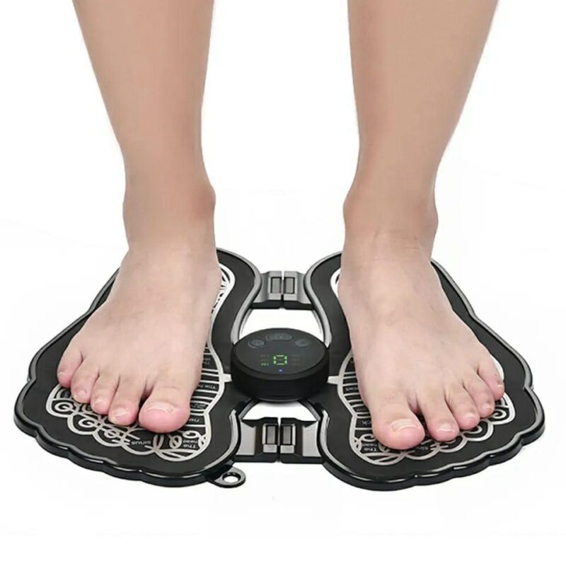 electric EMS foot massager, portable EMS foot stimulation mat, muscle stimulation foot massage pad, EMS foot circulation enhancer, foldable foot massager for plantar fasciitis, adjustable intensity EMS foot mat, lightweight EMS foot therapy device, rechargeable EMS foot massager pad, deep circulation foot stimulator, foot pain relief EMS mat