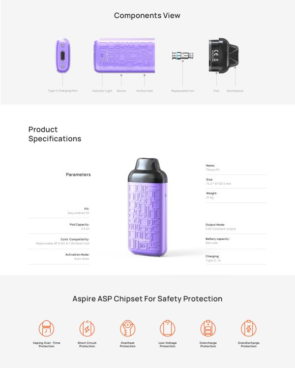 aspire flexus fit pod kit system 850mah battery 3 5ml cartridge auto draw type c charging random color 4